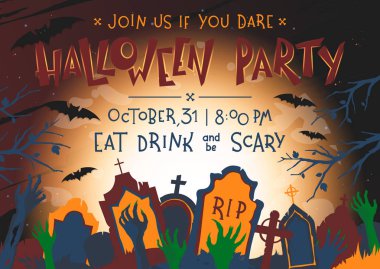 Grunge arka plan, zombi eller, ölü ağaçlar, dolunay ve yarasalar ile Halloween posteri. Cadılar Bayramı tasarımı baskılar, el ilanları, afiş davetiyeler, selamlar için mükemmel. Vektör Halloween illüstrasyon.