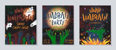 Zombi elleri, dolunay, cadı kazanı ve örümcek ağı ile Cadılar Bayramı posterleri ayarlayın. Cadılar Bayramı tasarımı baskılar, el ilanları, afiş davetiyeler, selamlar için mükemmel. Vektör Cadılar Bayramı çizimleri.