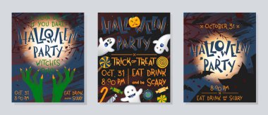 Balkabağı, hayaletler, dolunay, cadı elleri ve yarasalarla cadılar bayramı partisi afişleri. Cadılar Bayramı tasarımı baskılar, el ilanları, afiş davetiyeler, selamlar için mükemmel. Vektör Cadılar Bayramı çizimleri.