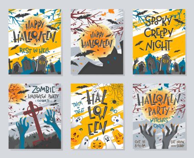 Balkabakları, hayaletler, mezarlık, dolunay, ölü ağaçlar ve yarasalarla dolu Cadılar Bayramı posterleri. Cadılar Bayramı tasarımı baskılar, el ilanları, afiş davetiyeler, selamlar için mükemmel. Vektör Cadılar Bayramı çizimleri.