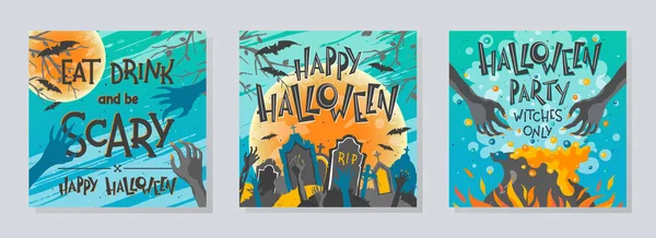 Paquete Carteles Halloween Con Manos Zombi Cementerio Luna Caldero Brujas — Vector de stock