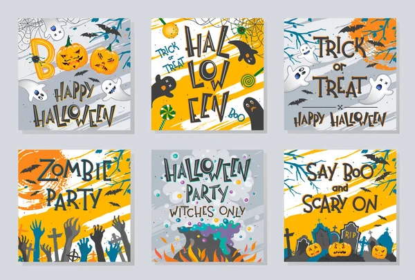 Paquete Carteles Halloween Con Manos Zombies Fantasmas Calabazas Caldero Brujas — Vector de stock