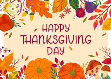 Balkabakları, mantarlar, ağaç dalları, elmalar, incirler, bitkiler, yapraklar, böğürtlenler ve çiçekli Şükran Günü afişleri. Tatil arka plan tasarımı..