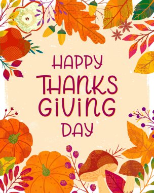 Balkabakları, mantarlar, ağaç dalları, elmalar, bitkiler, yapraklar, böğürtlenler ve çiçekli Şükran Günü posterleri. Tatil arka plan tasarımları. Moda sonbahar vektör çizimi..