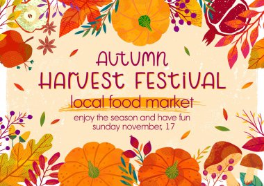 Balkabakları, mantarlar, ağaç dalları, elmalar, nar, bitkiler, yapraklar, böğürtlenler ve çiçek elementleriyle sonbahar hasat festivali posteri. Hasat festivali tasarımları. Moda sonbahar vektör çizimleri..