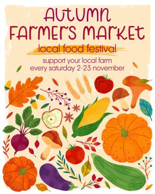 Sonbahar çiftçileri balkabağı, mantar, patlıcan, elma, kabak, domates, mısır, pancar, böğürtlen ve çiçekli pankart satıyorlar. Yerel gıda festivali tasarımı. Tarım fuarı..