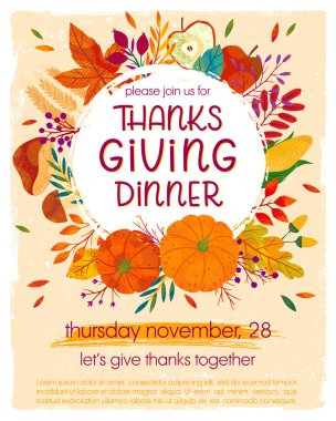 Balkabakları, mantarlar, elmalar, buğdaylar, bitkiler, yapraklar, böğürtlenler ve çiçek elementleriyle Şükran Günü yemeği şablonu. Bayram davetiyesi tasarımı..