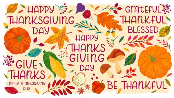 Bundle Thanksgiving Jour Salutations Manuscrites Avec Citrouilles Champignons Maïs Pommes — Image vectorielle