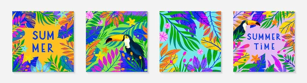 Pacote Ilustração Vetorial Verão Com Folhas Tropicais Brilhantes Flores Tucanos —  Vetores de Stock