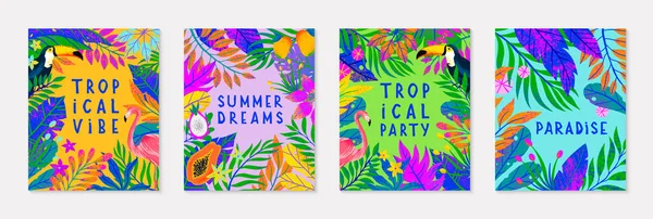 Conjunto Ilustração Vetorial Verão Com Folhas Tropicais Brilhantes Flamingo Tucano —  Vetores de Stock