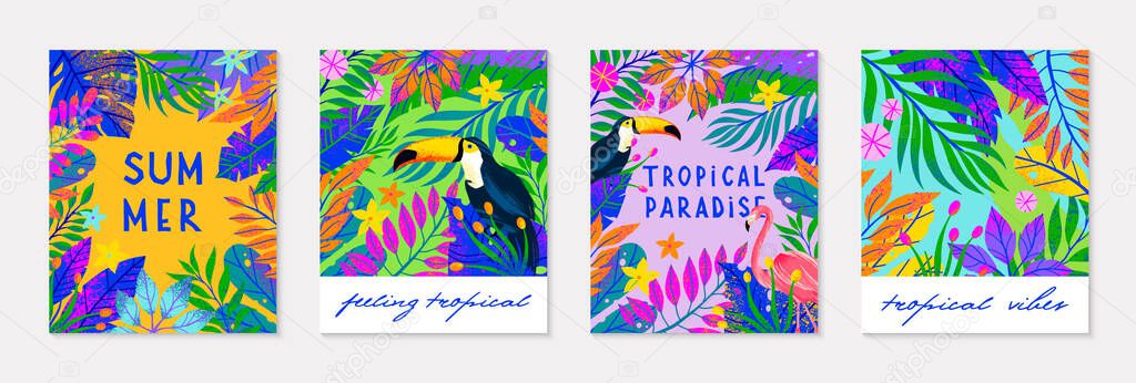 Bundle of summer vector illustration with bright tropical leaves,flowers and toucan.Multicolor plants with hand drawn texture.Exotic backgrounds perfect for prints,flyers,banners,invitations,social media.