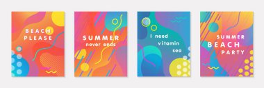 Parlak gradyan arka plan, şekiller ve geometrik elementlere sahip bir grup modern vektör yaz afişi. Moda soyut tasarımı baskılar, sosyal medya, afişler, davetiyeler, markalaşma tasarımı, kapaklar için mükemmel.