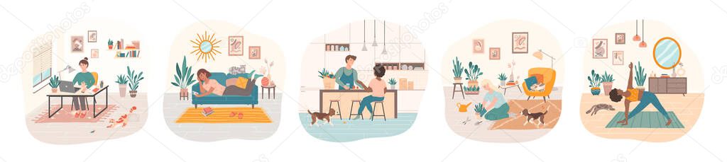 Set of women and men cooking together,doing yoga,surfing internet,cultivating home garden,working at home with their domestic pets.Everyday leisure and work activities.Cartoon vector illustrations.