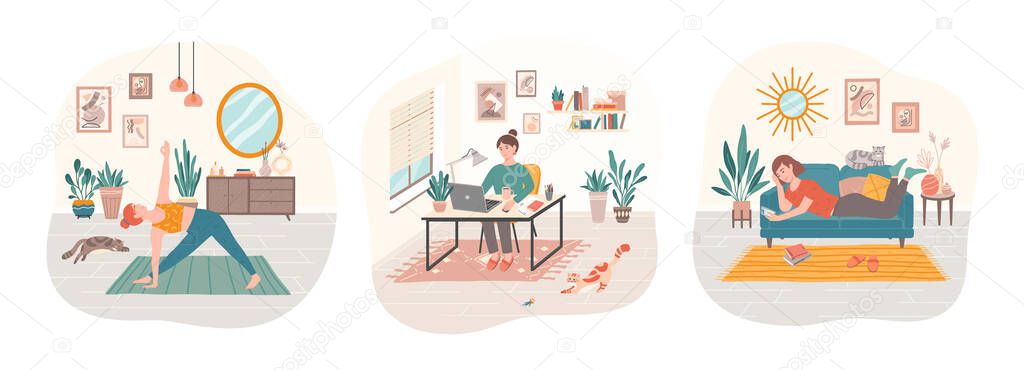 Bundle of daily life scenes.Set of women doing yoga, surfing internet, working at home with their domestic cats.Everyday leisure and work activities.Flat cartoon vector illustrations.
