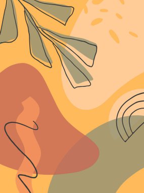 Organik şekilli, yapraklı ve grafik elementli sanatsal modern vektör çizimi. Terracotta sanat baskısı. Sanatçılar için mükemmel modern tasarım; sosyal medya, davetiyeler;