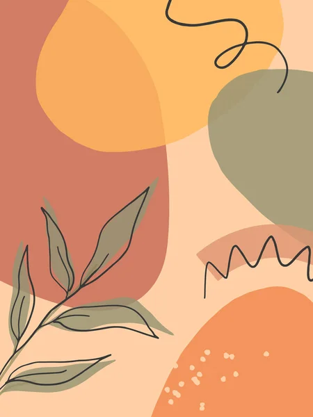 Organik şekilli, yapraklı ve grafik elementli sanatsal modern vektör çizimi. Terracotta sanat baskısı. Sanatçılar için mükemmel modern tasarım; sosyal medya, davetiyeler;
