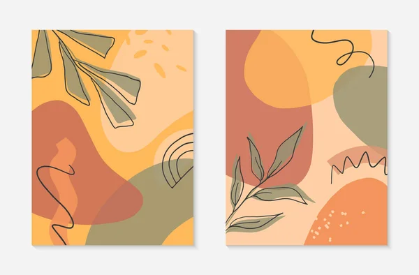 Organik şekilli, yapraklı, grafik elementli sanatsal modern vektör çizimleri. Terracotta sanat baskısı. Pankartlar için mükemmel çağdaş tasarım; sosyal medya, davetiyeler;.