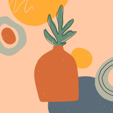 Vazo, yaprak, organik şekiller ve grafik elementleriyle sanatsal modern vektör illüstrasyonu. moda çağdaş tasarım baskılar için mükemmel; afişler; sosyal medya, davetiyeler, markalar, kapaklar