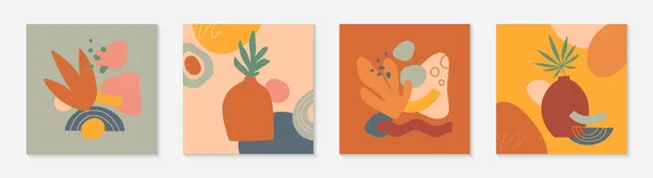 Lot Illustrations Vectorielles Modernes Art Avec Vases Feuilles Formes Organiques — Image vectorielle