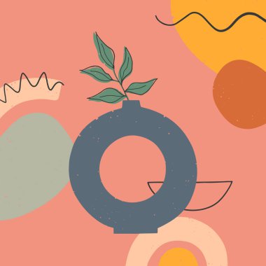 Vazo, yaprak, organik şekiller ve grafik elementleriyle sanatsal modern vektör illüstrasyonu. moda çağdaş tasarım baskılar için mükemmel; afişler; sosyal medya, davetiyeler, markalar, kapaklar