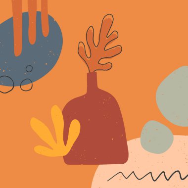 Vazo, yaprak, organik şekiller ve grafik elementleriyle sanatsal modern vektör illüstrasyonu. moda çağdaş tasarım baskılar için mükemmel; afişler; sosyal medya, davetiyeler, markalar, kapaklar