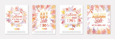 Sonbahar özel afişlerinde sonbahar yaprakları ve sonbahar renklerinde çiçek unsurları sunuluyor. Parmak izi, el ilanları, afişler, tanıtımlar için mükemmel şablonlar. İş konsepti..