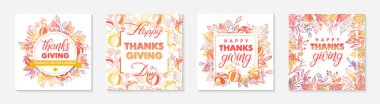 Sonbahar renklerinde yapraklar ve çiçekli Şükran Günü postaları. Baskılar için harika tebrik kartları, afişler, davetiyeler. Moda sonbahar çizimleri.