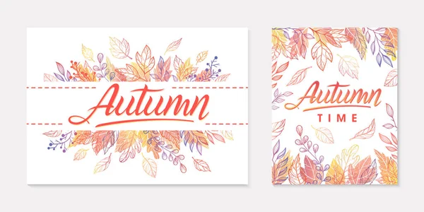 Autumn Seasonals Postes Leaves Floral Elements Fall Colors Greetings Banners — Stock Vector