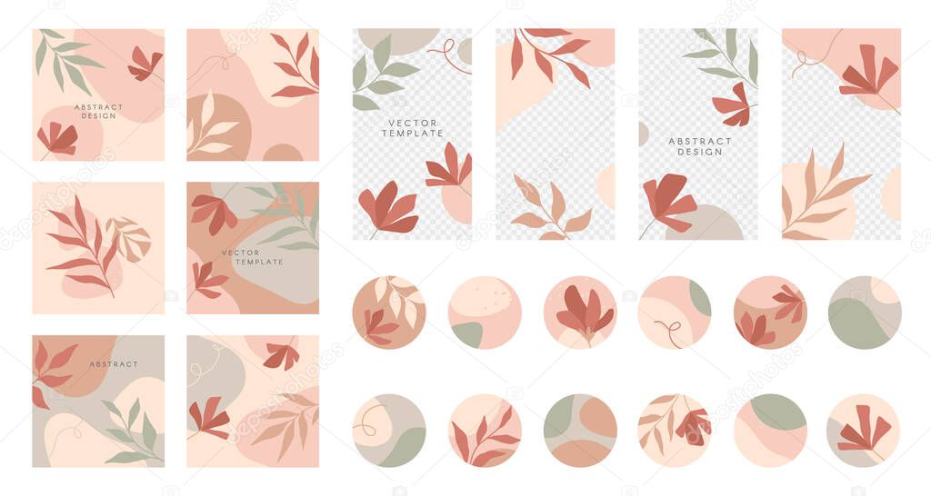 Bundle of editable insta story templates and highlights covers.Vector layouts with hand drawn organic shapes and textures.Abstract backgrounds.Trendy design for social media marketing.Social media kit