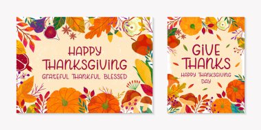 Sonbahar renklerinde yapraklar ve çiçekli Şükran Günü postaları. Baskılar için harika tebrik kartları, afişler, davetiyeler. Moda sonbahar çizimleri.