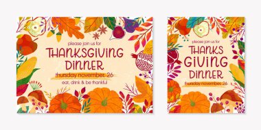 Kabak, mantar, mısır, elma, incir, buğday, bitki, yaprak, böğürtlen ve çiçek özlü Şükran Günü yemek şablonları. Bayram davetiyeleri tasarımı. Moda sonbahar vektör çizimleri..