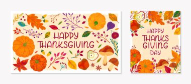 Sonbahar renklerinde yapraklar ve çiçekli Şükran Günü postaları. Baskılar için harika tebrik kartları, afişler, davetiyeler. Moda sonbahar çizimleri.