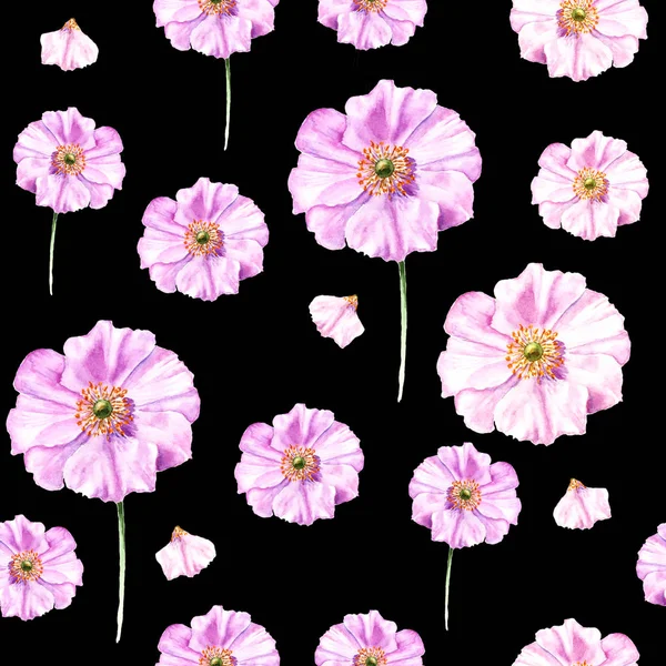 Handpainted watercolor seamless pattern with flower anemone on black background — Stock Photo, Image