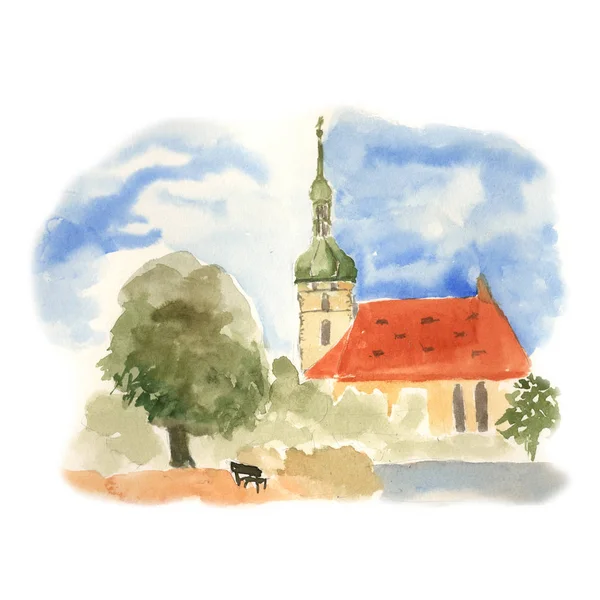 Iglesia checa pequeña acuarela ilustración. Cartel arquitectónico mano dibujo fondo — Foto de Stock