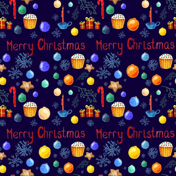 Seamless Pattern Christmas Symbols Blue Background Balls Snow Candle Cookie — Stock Photo, Image