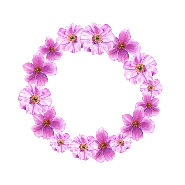Corona de Pascua con flores de anémona. Frontera redonda. Ilustración de acuarela sobre fondo blanco —  Fotos de Stock