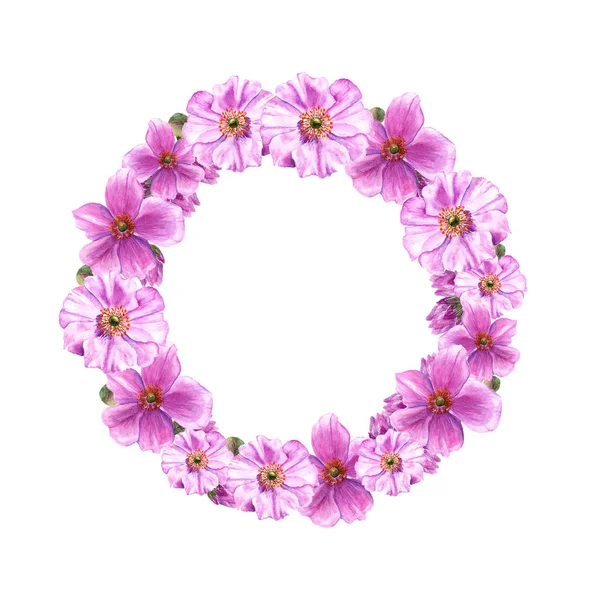 Corona de Pascua con flores y brotes de anémona. Frontera redonda. Ilustración de acuarela sobre fondo blanco —  Fotos de Stock