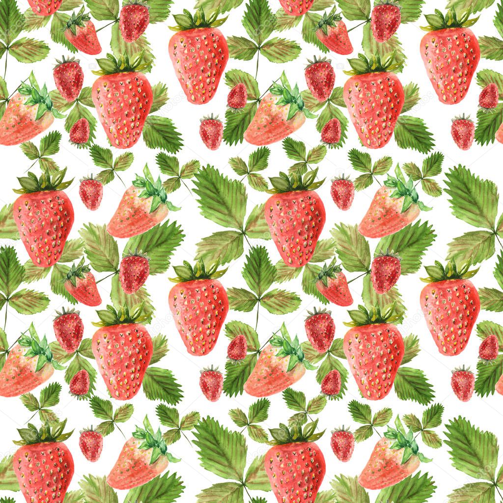 Watercolor seamless pattern with illustration of strawberry leaves and berries on white background