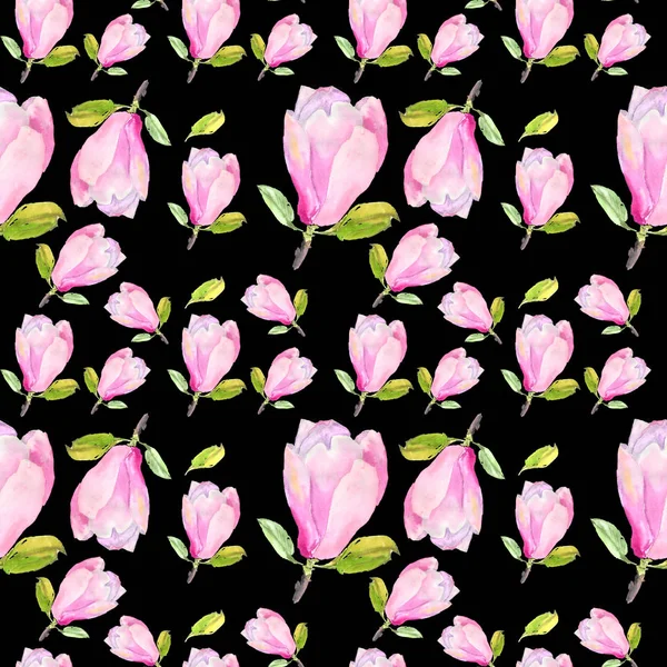 Watercolor seamless pattern with illustration of tender pink magnolia flower on black background — Stock Photo, Image