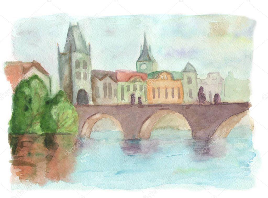 Drawing by hand on white paper beautiful background with Praha and Karlov most. Watercolor illlustration with Tower and the bridge on paper,view of the city with high