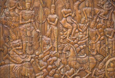 Duvardaki Budist tapınağını hikayede büyük ahşap oymalar.