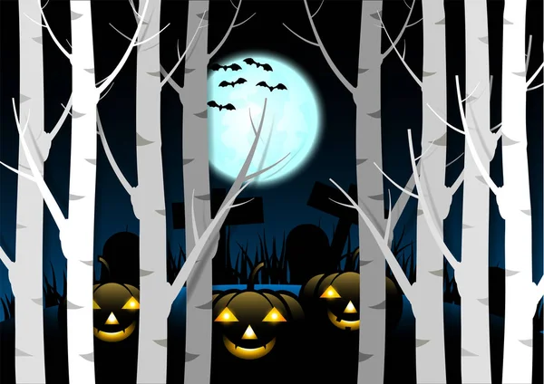 Diseño Fondo Halloween Calabaza Espeluznante Con Luna Bosque Oscuro Cementerio — Foto de Stock