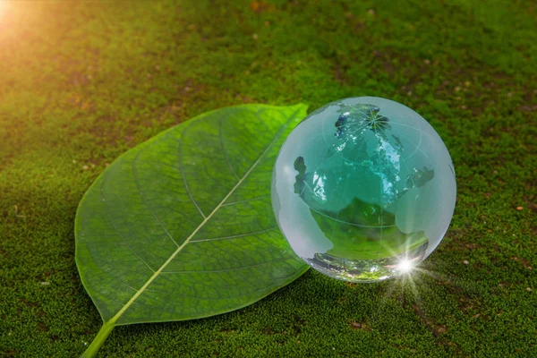 Křišťálové sklo na světě na zelené světe na mechu. — Stock fotografie