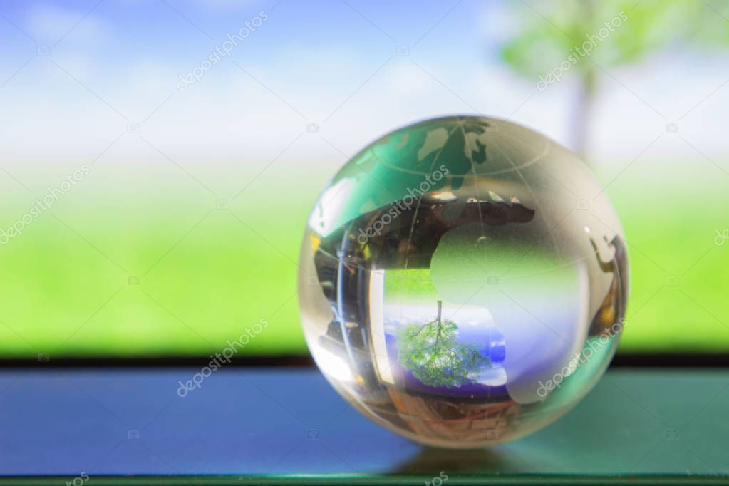World globe crystal glass reflect in green wide grassland, tree 