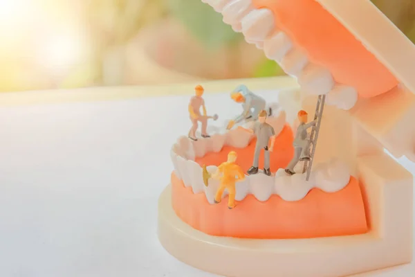 Miniature worker people or small figure cleaning white tooth model as medical and healthcare concept. Cleaning team work on teeth model for dental or dentist idea. Design care health with copy space. — Stock Photo, Image