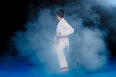 Pre-teen boy doing karate on a black background with smoke clipart