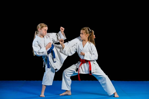 Karate martial Arts Two little girls demonstrate martial arts working together. Fighting position, active lifestyle, practicing fighting techniques