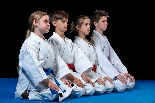 Junge, schöne, erfolgreiche multiethische Karate-Kids in Karate-Position. — Stockfoto