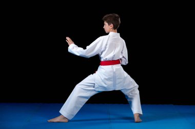 Kırmızı kemer ile bir beyaz karate kimono giymiş genç çocuk.