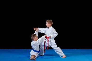 iki erkek karate kata egzersizleri, test yeterlilik eğitimi